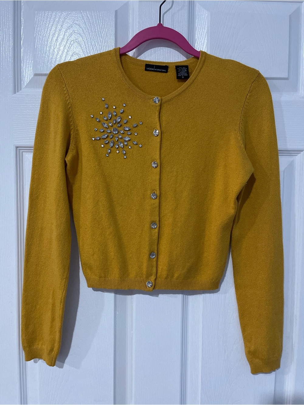 Moda Gem-Embellished Mustard Button Cardigan